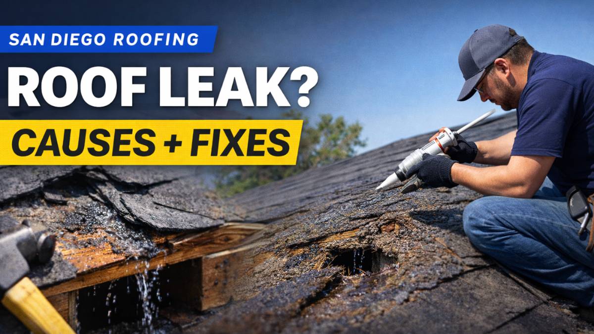 Roof leak repair on a San Diego home showing damaged shingles and water entry point
