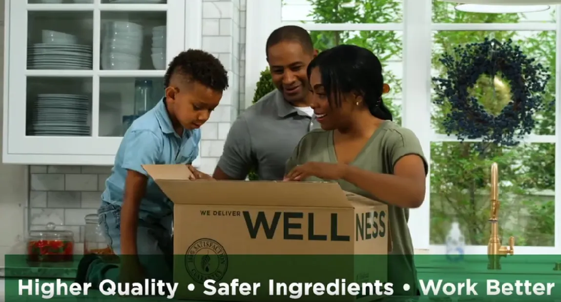 Family unpacking a delivery of eco-friendly, American-made household products.