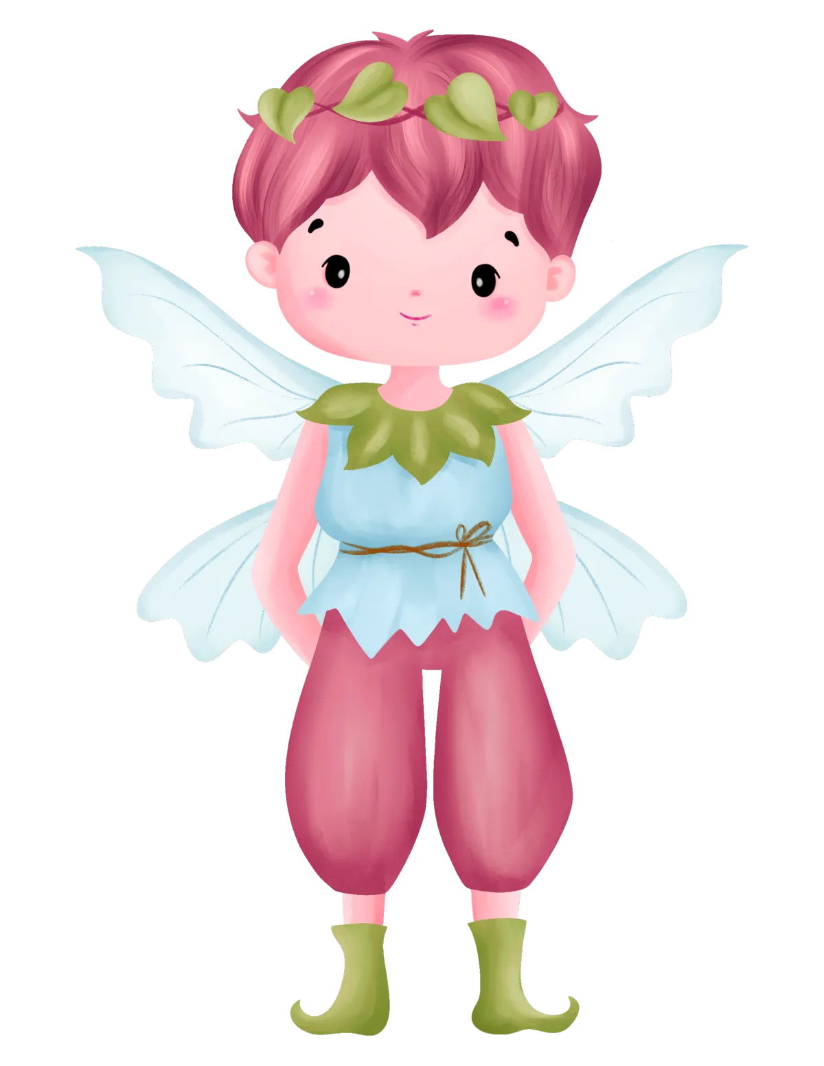 Illustration of a fairy named Thyme with pink hair, leafy headband, blue wings, and pink pants. Part of the Tooth Fairy Agency team, she inspires creativity and patience—perfect for parenting tips or magical printables. Playful design with sparkles.