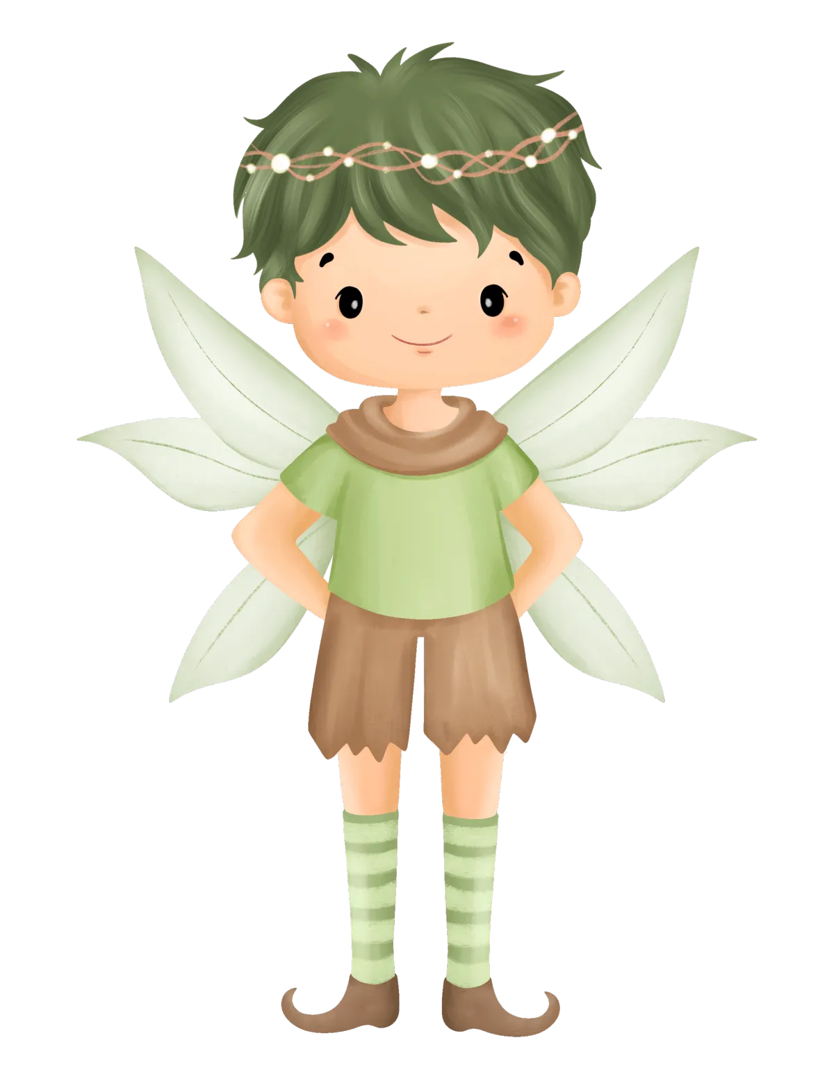 Illustration of Tyler, a boy fairy with green hair and wings, wearing a brown shirt and green shorts. As a marketer for the Tooth Fairy Agency, Tyler supports parents with dental tips and fun printables for kids.