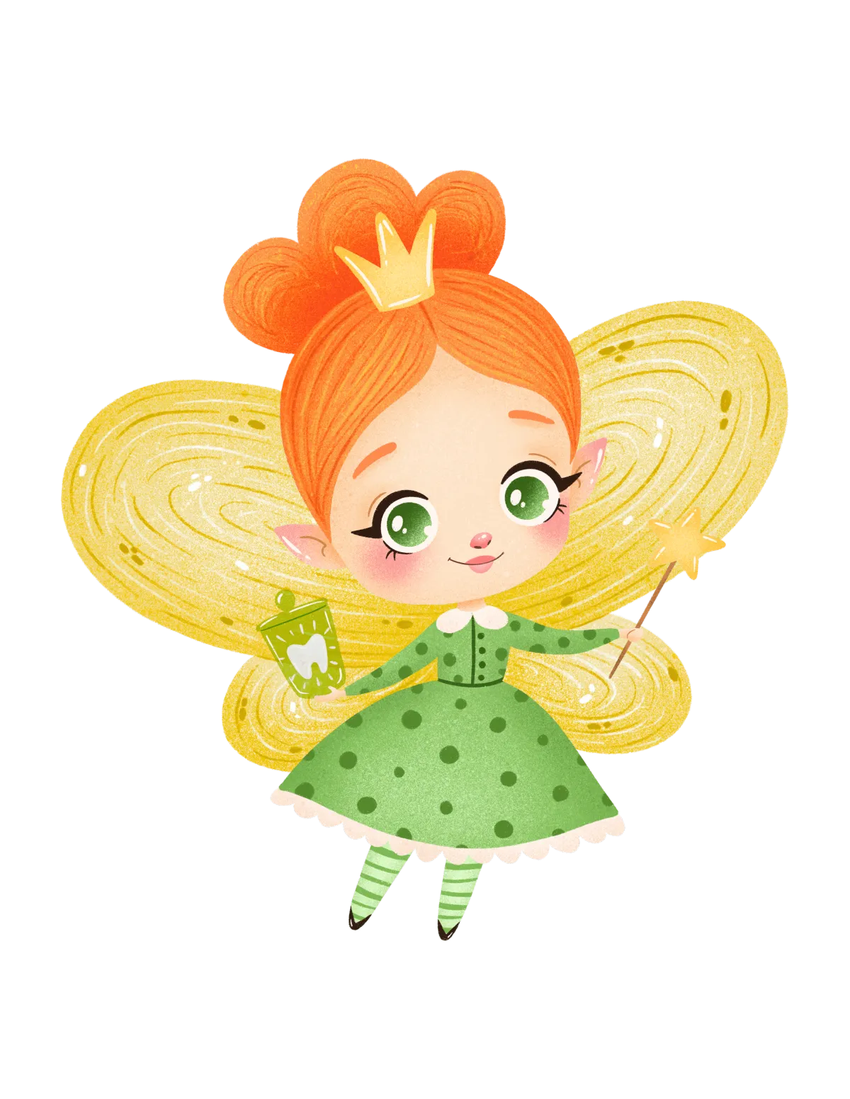 An illustration of a tooth fairy with orange hair, a crown, green dress, and yellow wings is next to text introducing Flora from The Tooth Fairy Agency. The background is white with colorful stars and playful fonts for parenting support.