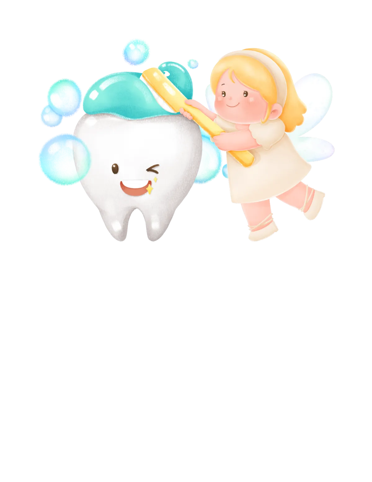 Illustration of a smiling tooth being cleaned by a small, winged fairy girl with blonde hair. Text introduces Twyla from the Tooth Fairy Agency, offering support to celebrate clean teeth and great parenting around brushing habits.