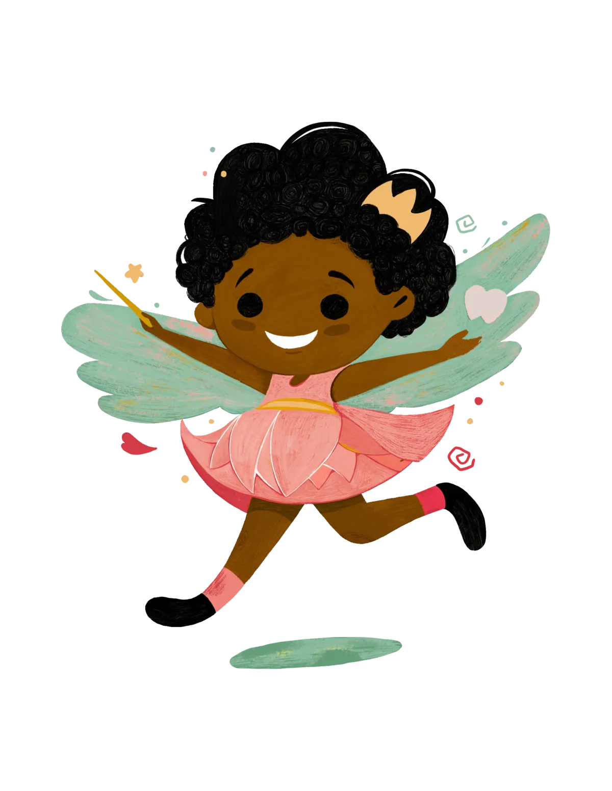Illustration of a smiling fairy named Talor with brown skin, curly hair, green wings, and a pink tutu, dancing joyfully. Perfect for parenting printables about the Tooth Fairy Agency and Talor's skill in soothing babies by dancing.