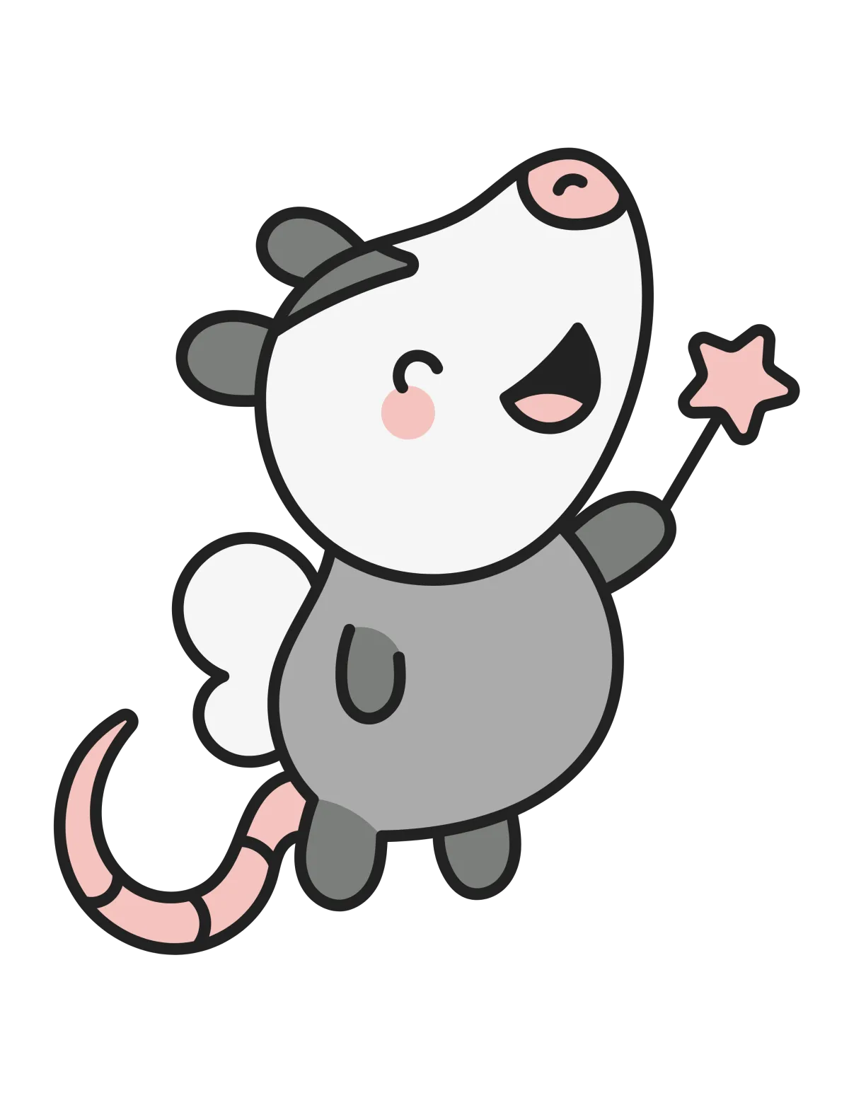 Cartoon possum with wings and magic wand, smiling. Meet Teva from the Tooth Fairy Agency—sneaky, playful, and always ready to deliver surprises and support to children. Colorful, whimsical design perfect for printables.