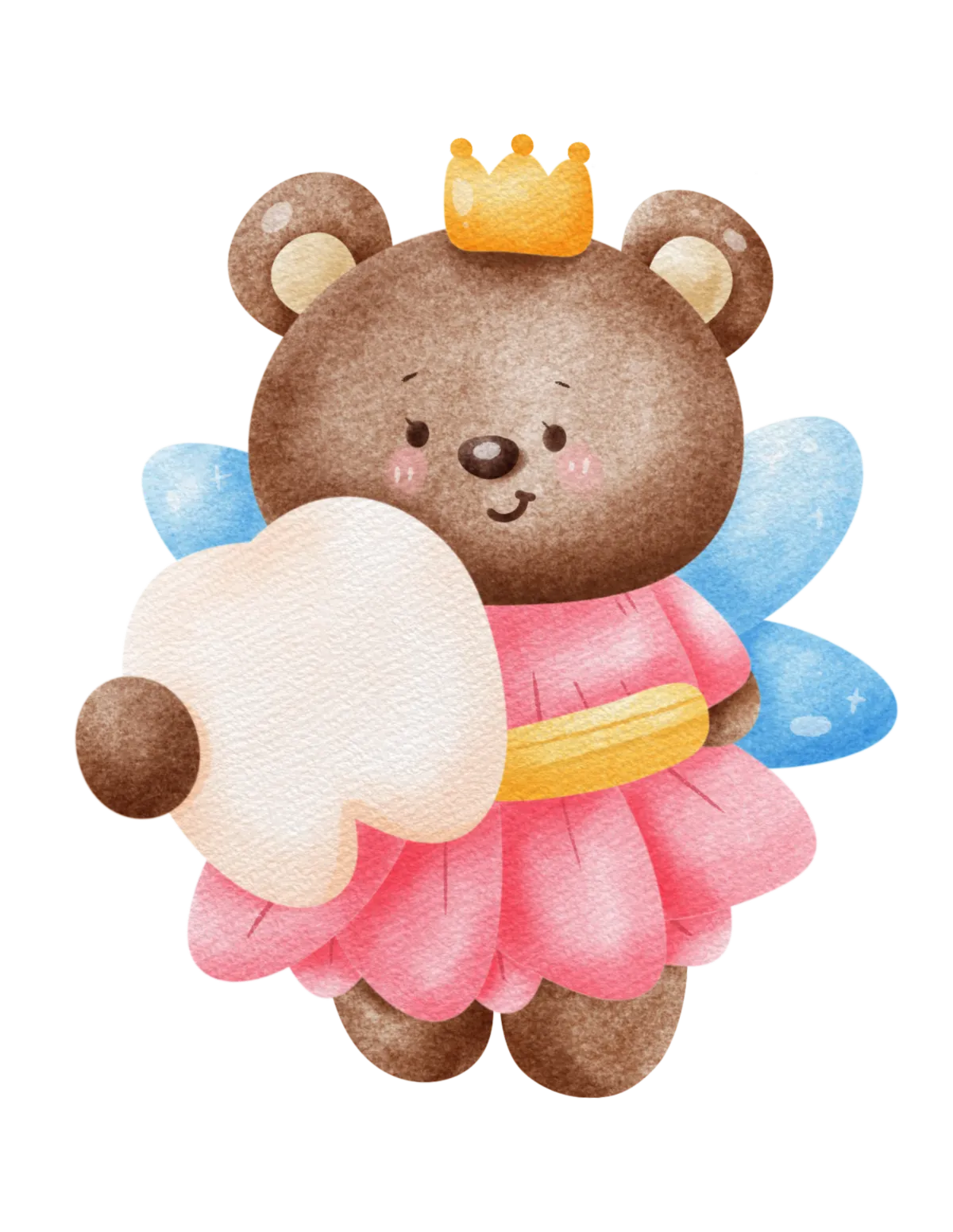 A cute bear dressed as a fairy and wearing a crown holds an envelope. The text introduces Theresa, the Tooth Fairy Agency's mailroom manager, describing her wish for a better mail sorting machine—perfect for tooth fairy printables and parenting fun.
