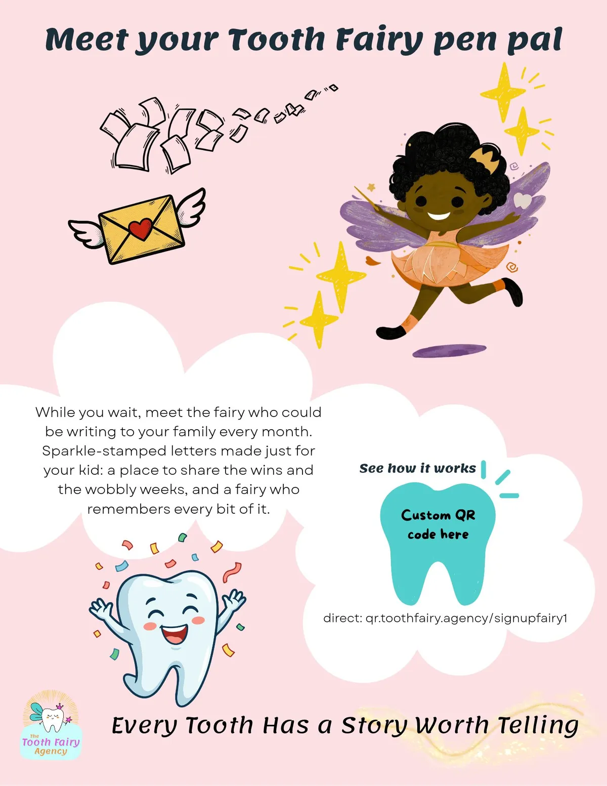 Promotional graphic for the Tooth Fairy Agency featuring a Black cartoon fairy with purple wings and a peach dress, a happy tooth character, and text explaining a pen pal program with a QR code for signup.