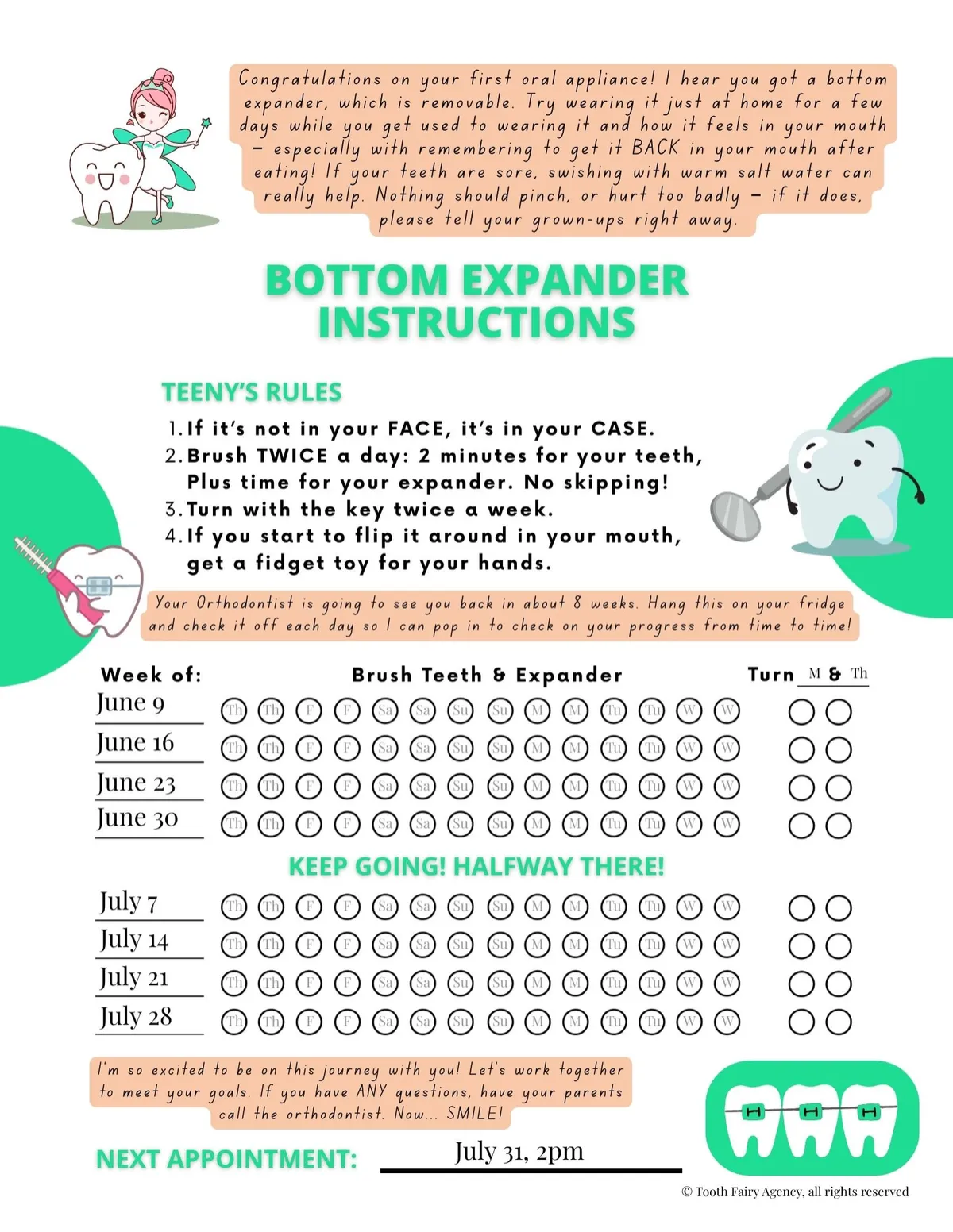 Bottom expander instructions guide from Teeny at the Tooth Fairy Agency, featuring a brushing & turning tracker, dental care rules, and a space to record the next appointment.