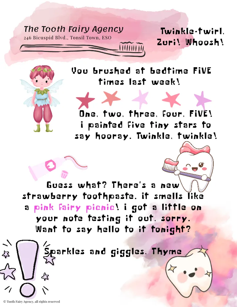 Tooth fairy-themed letter with whimsical fonts, illustrations of a fairy, a tooth holding a strawberry, stars, sparkles, and playful text encouraging brushing and announcing a strawberry toothpaste reward. Pink watercolor background.