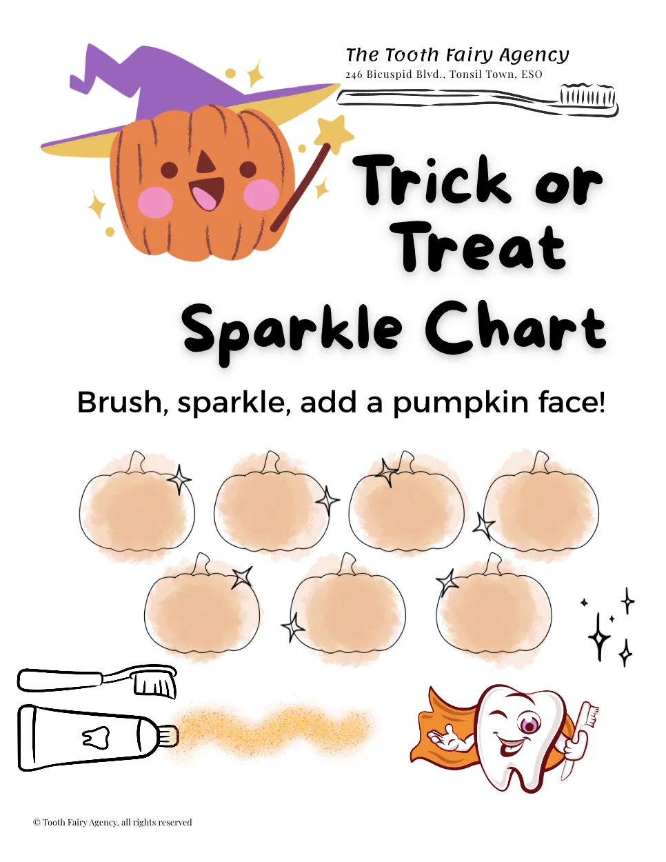 A colorful printable brushing chart for kids from the Tooth Fairy Agency features a tooth fairy, happy and sad teeth, a toothbrush, and a cat. Track two weeks of brushing fun with these cute teeth printables!.