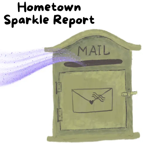 An illustration of a mailbox with Hometown Sparkle Report text above it and a stream of blue sparkles flowing into the slot, perfect for a dental office newsletter.