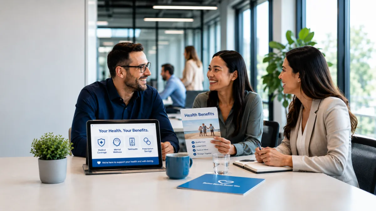 Employees reviewing health benefits materials during a workplace employee benefits meeting