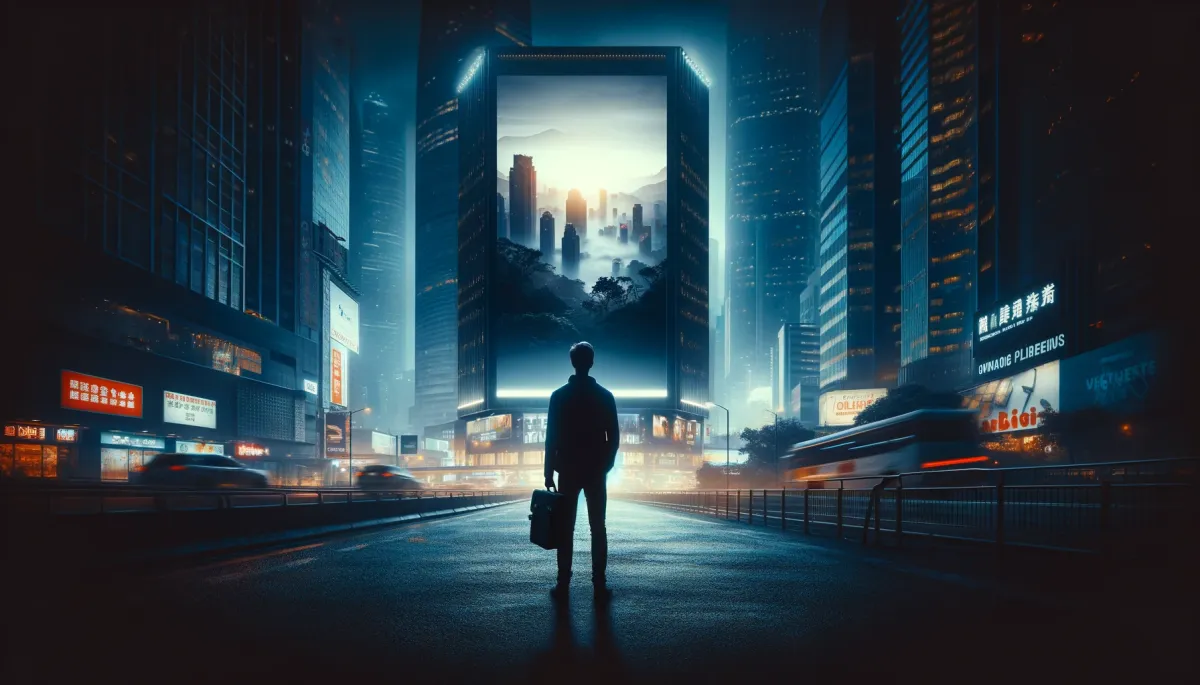 A solitary figure stands in front of a large billboard displaying a brand story video in a bustling city at twilight.
