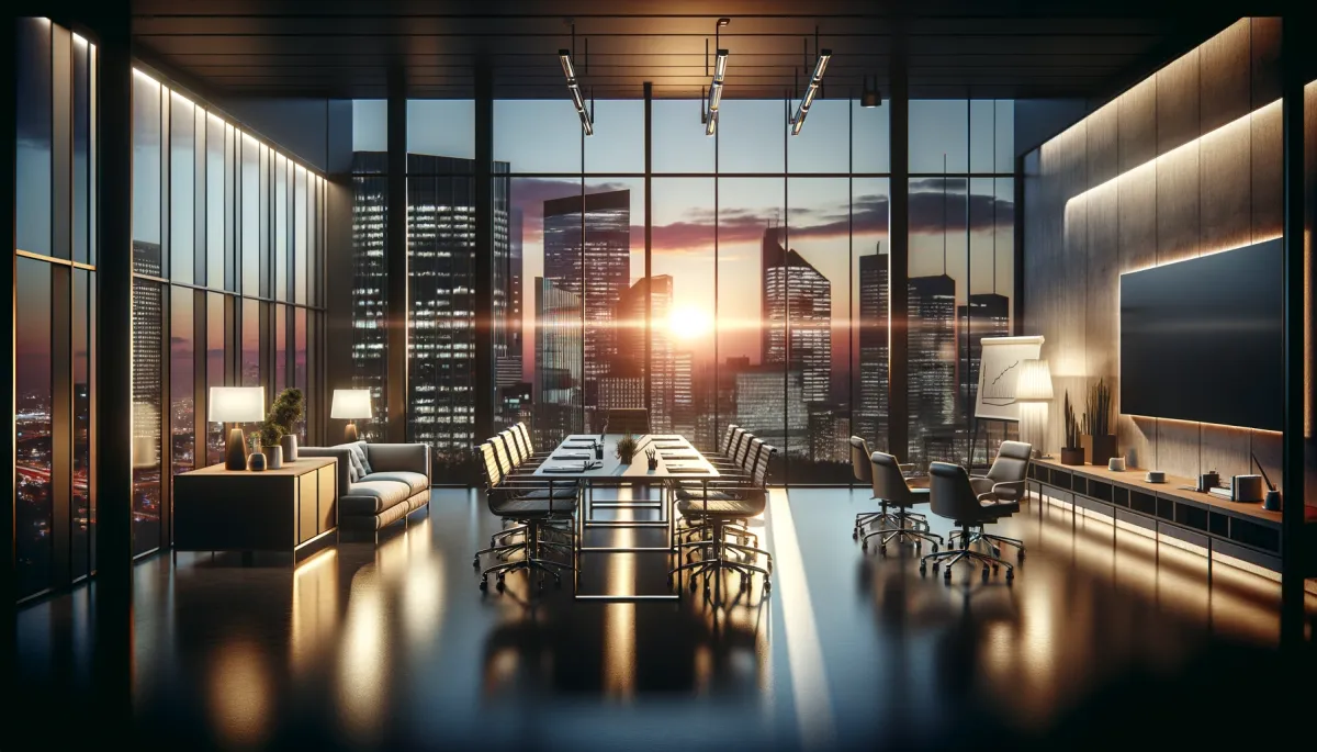 A modern and sleek office environment at twilight, symbolizing professional storytelling in a business context. The scene shows a spacious office with