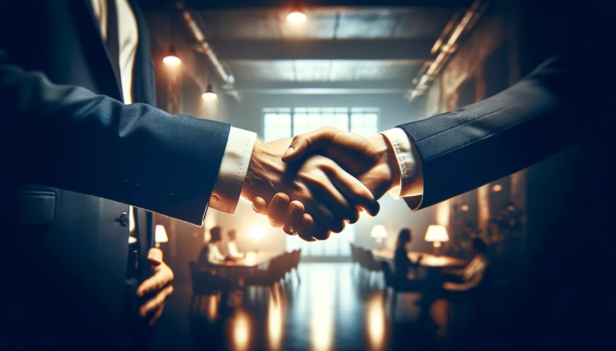 An image of a handshake between two business professionals in a dimly lit room, symbolizing trust and credibility in the business world. The focus is 