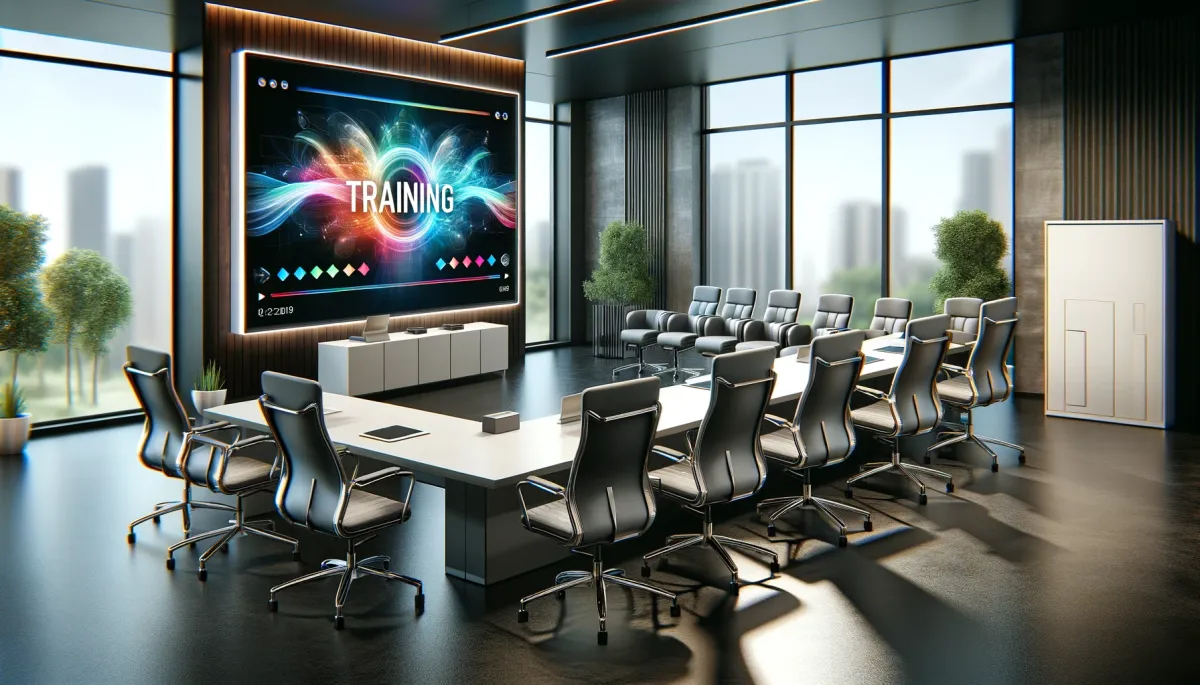 A high-definition, wide-screen image showcasing a modern, sleek training room with a large digital screen displaying a colorful, dynamic training vide