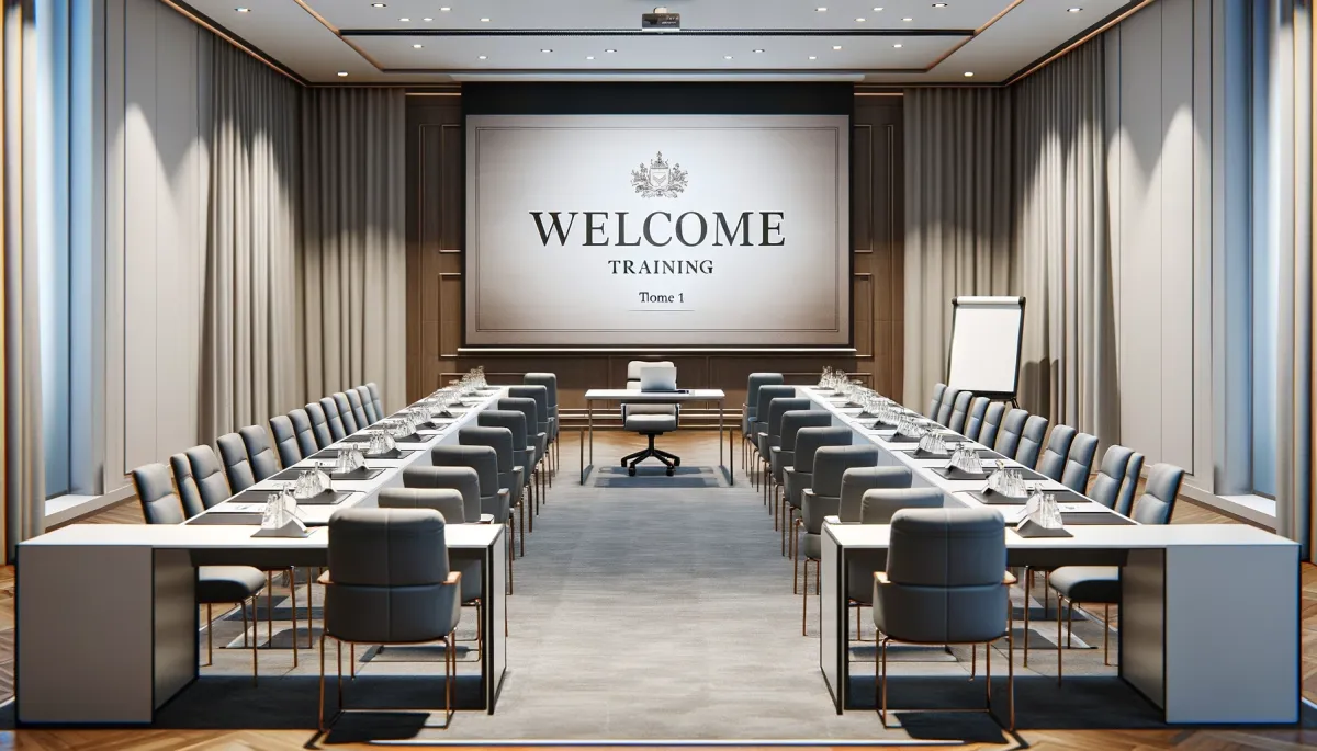 An elegant conference room setup for a training session, with a large screen at the front displaying a welcome message for the training program.