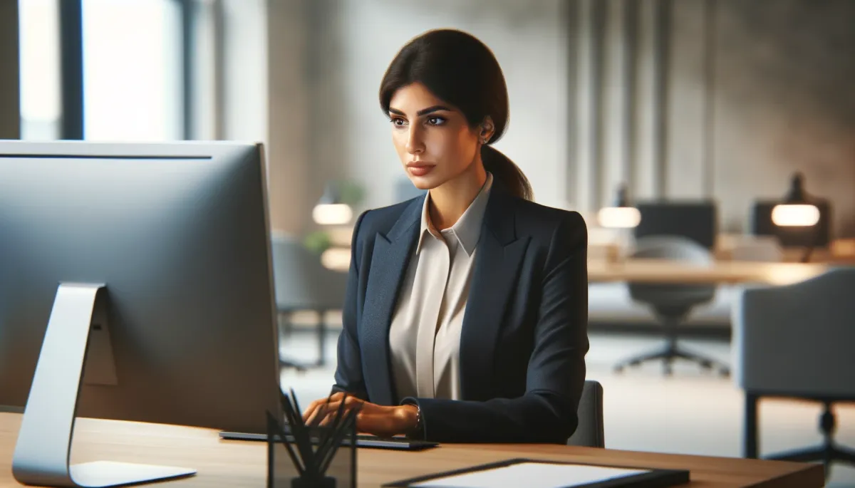 A businesswoman of Middle-Eastern descent in a modern office space, intently watching a computer screen. She is dressed in professional attire, sittin