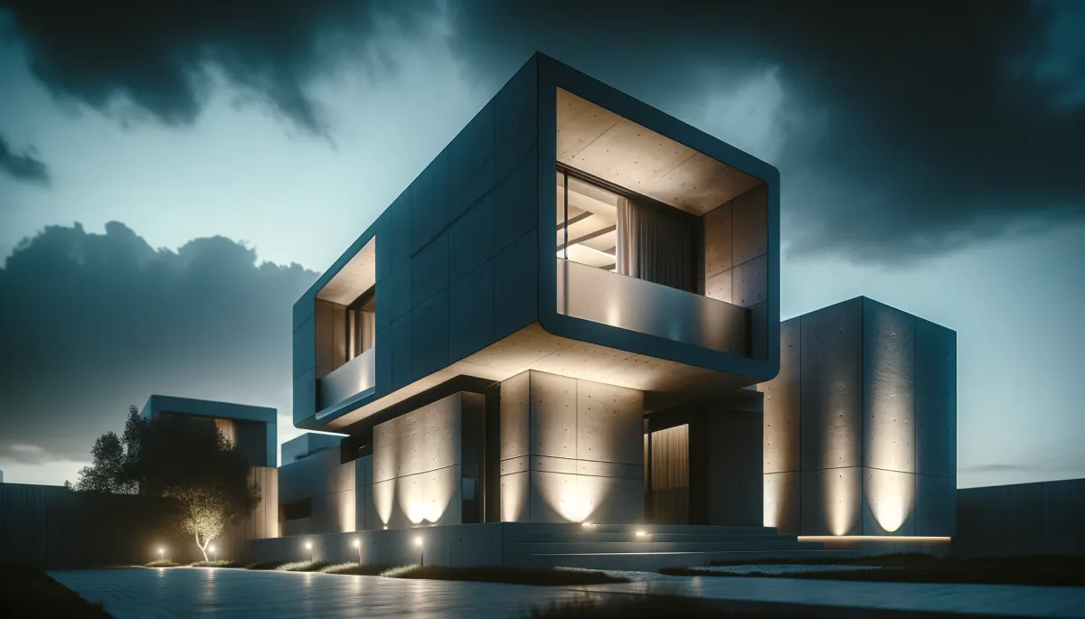 A modern home during twilight, characterized by futuristic architecture with geometric shapes and smooth surfaces. The house is illuminated with soft underglow lighting. 