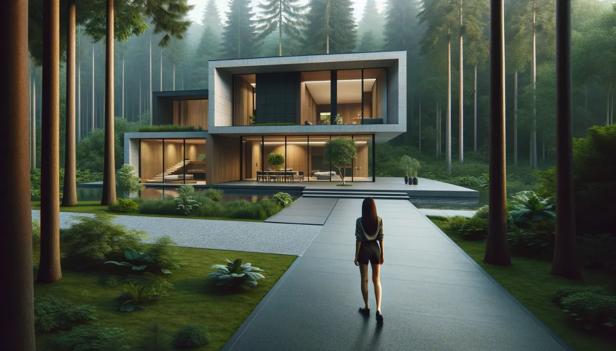 A sophisticated modern home in the midst of a forest, where nature and contemporary architecture merge. The house features a sleek, minimalist design.