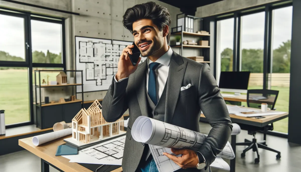  A candid photo of a male salesman, Hispanic descent, in professional attire, passionately discussing custom home building services on the phone. He is holding building plans and has a wooden model of a home in the background on the table. 