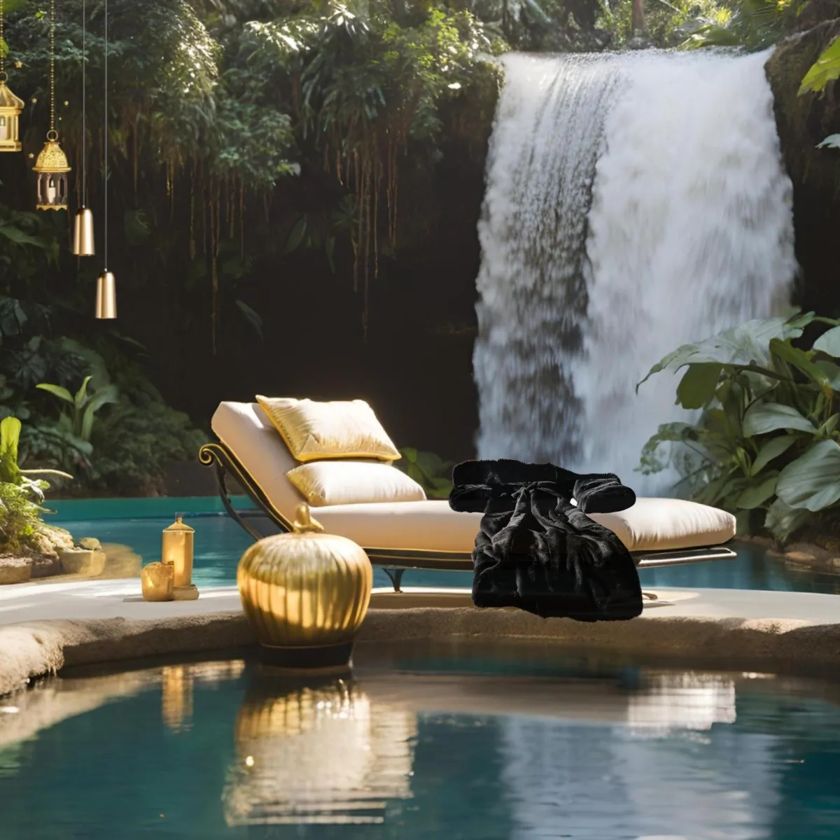 A comfortable lounge chair is situated beside a swimming pool, with a cascading waterfall visible in the background.