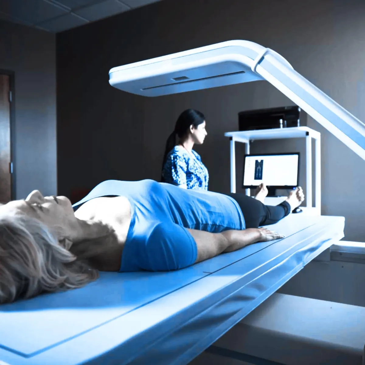 A patient lying on a DEXA scan machine.