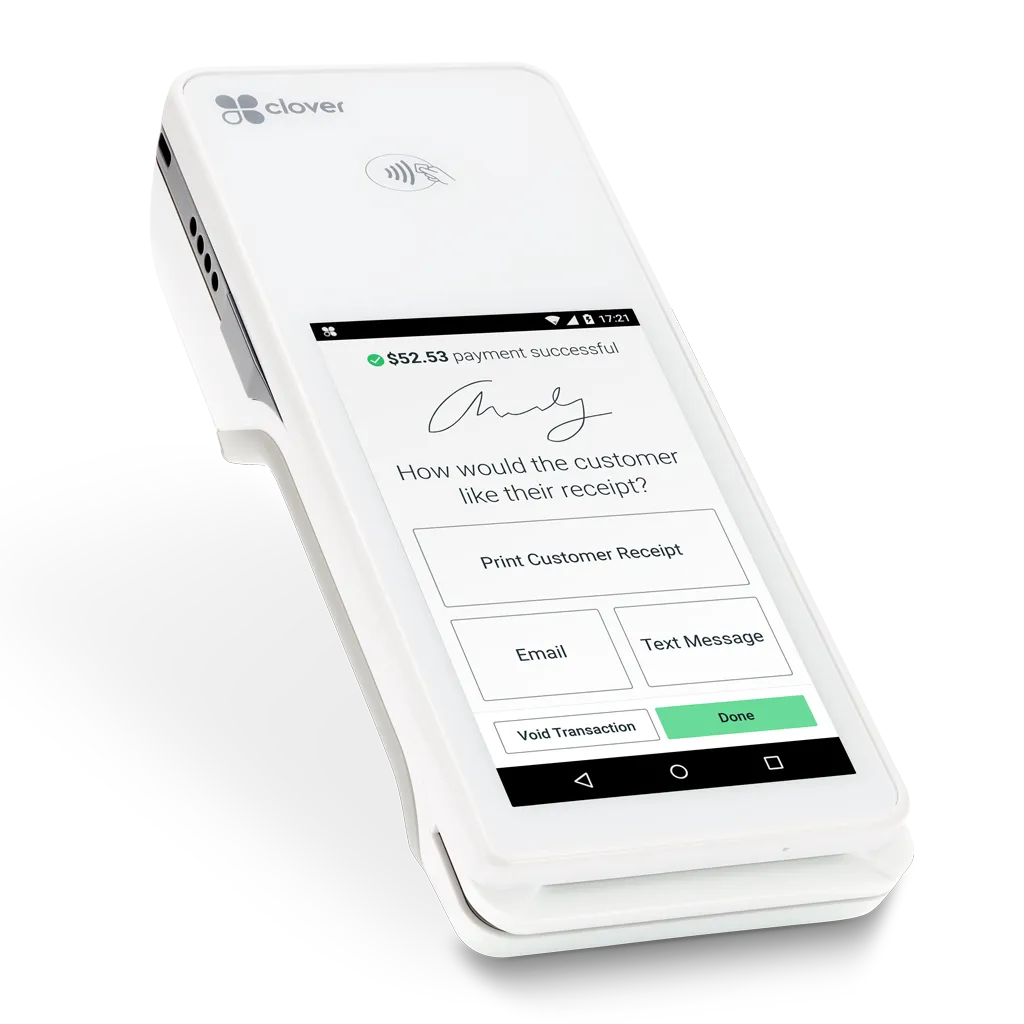 Modern point-of-sale payment terminal floating dynamically with green accents
