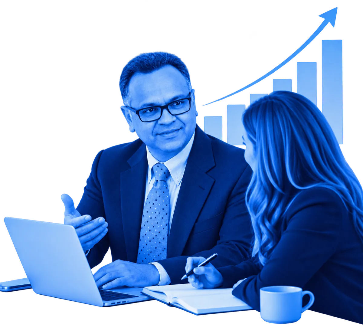 A professional business coach meets with a client to discuss strategy, goals, and opportunities for growth, represented by an upward-trending graph in the background.