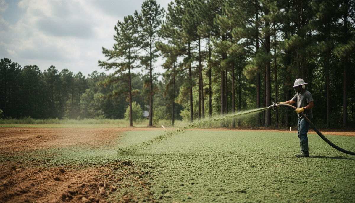 Hydroseeding slurry being sprayed across a graded lot in East Texas