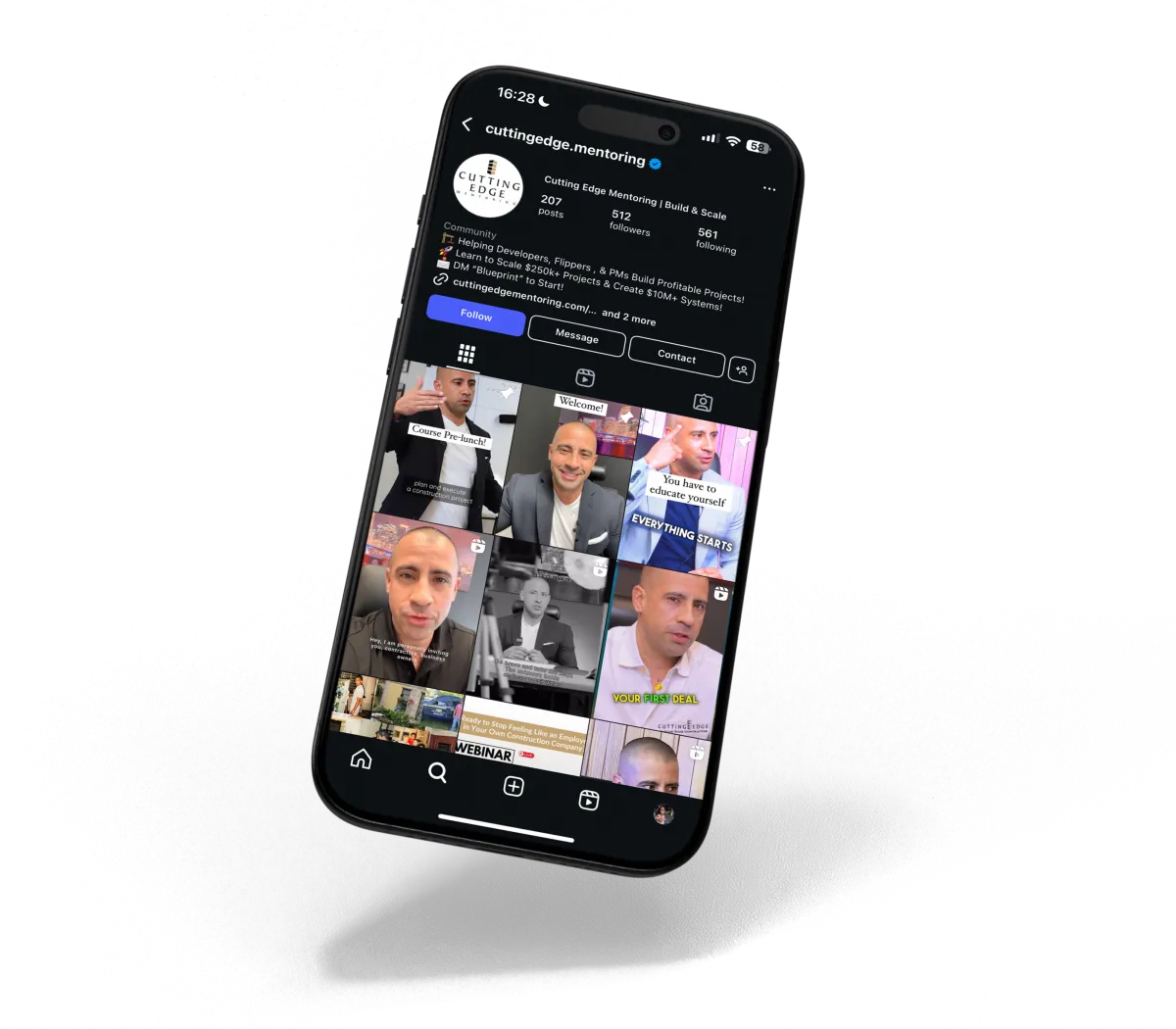 Smartphone displaying social media profiles, alongside text promoting Cutting Edge Mentoring for contractor business growth strategies and insights. Includes social media icons for Facebook, Instagram, LinkedIn, and TikTok, with a 'Follow now' call-to-action.