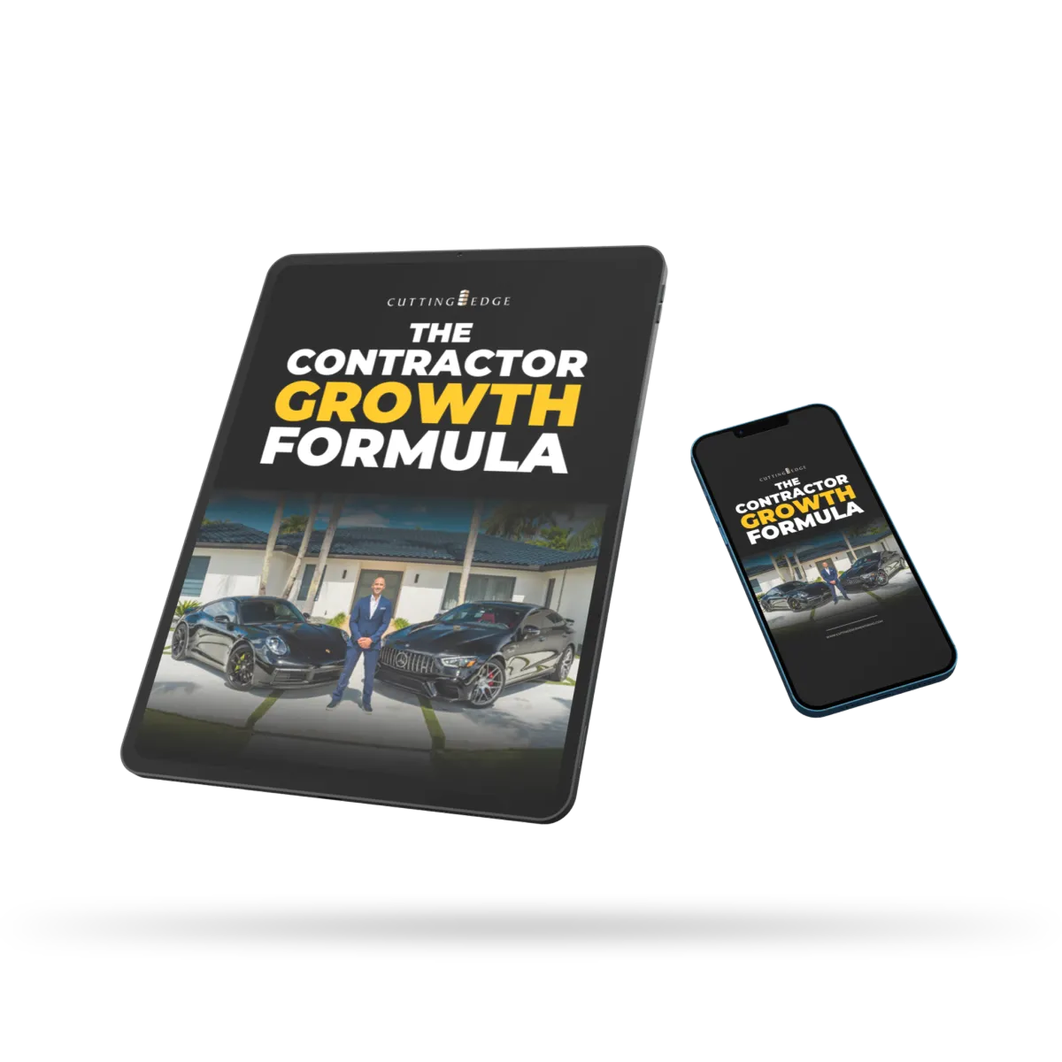 Promotional banner featuring a book titled 'The Contractor Growth Formula' and a smartphone, with a form to enter first name, last name, and email.