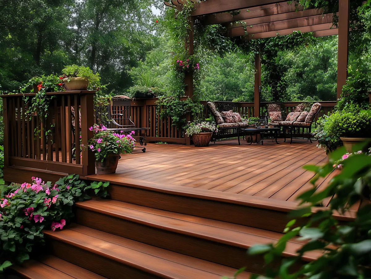 Outdoor living space with sofas and hanging chairs