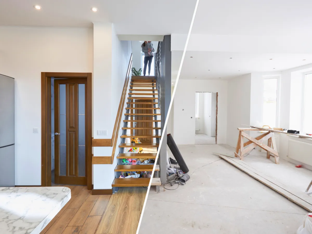 a set of stairs leading up to a bookshelf filled with books