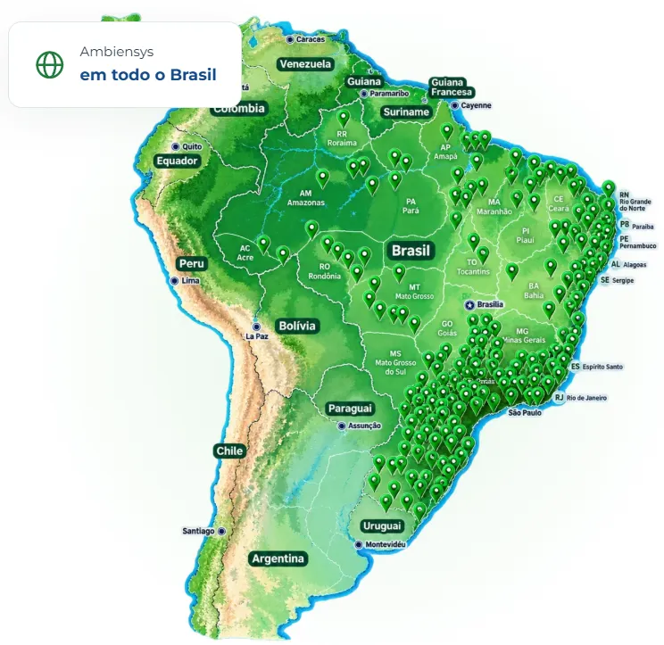 Map of South America. Brazil is colored a vibrant green and shows a topographical style, with multiple location pins scattered across it.