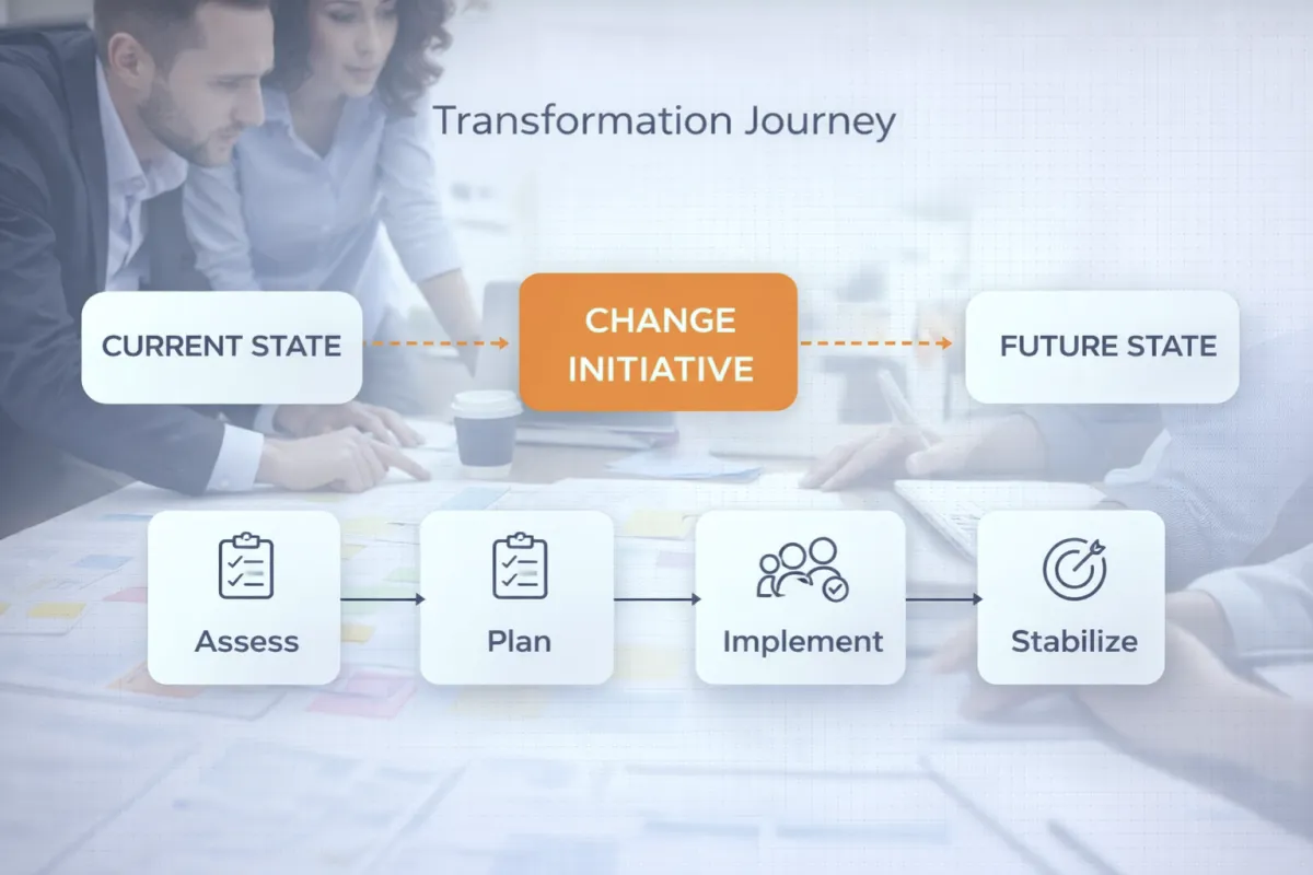 Project and change management strategy diagram for business transformation