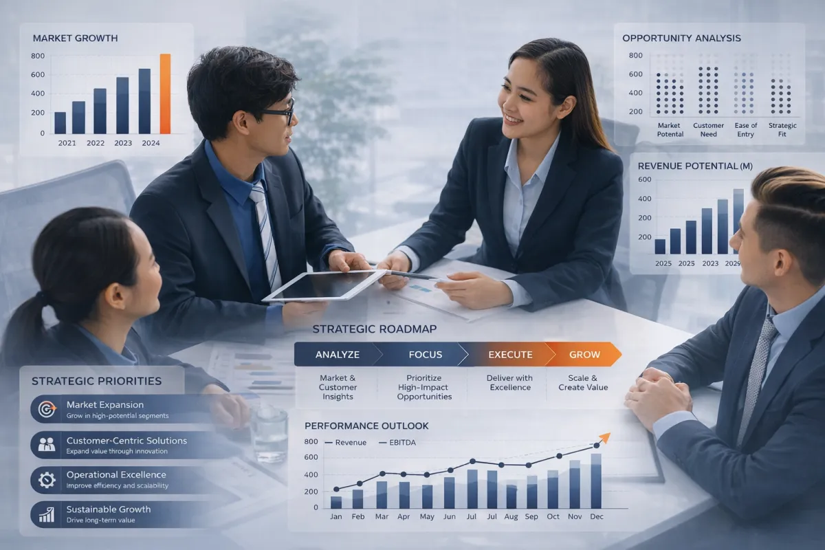 Business team collaborating on strategic planning and business development strategy