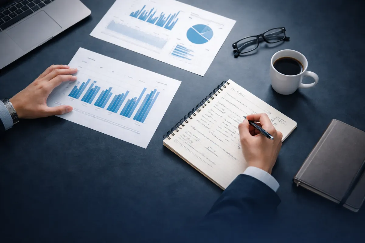 Business strategy planning with charts and reports on a desk during consulting session