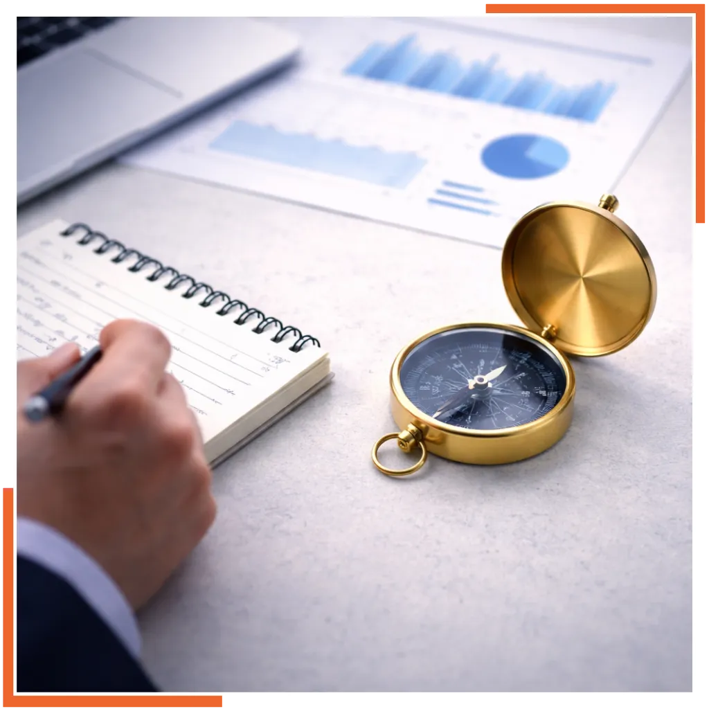 Compass and business strategy documents representing leadership and strategic direction