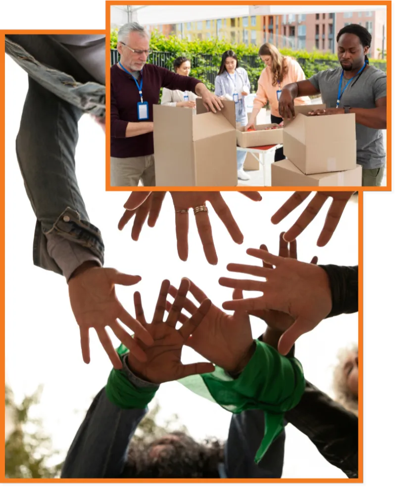 Volunteers packing food boxes during a community support program