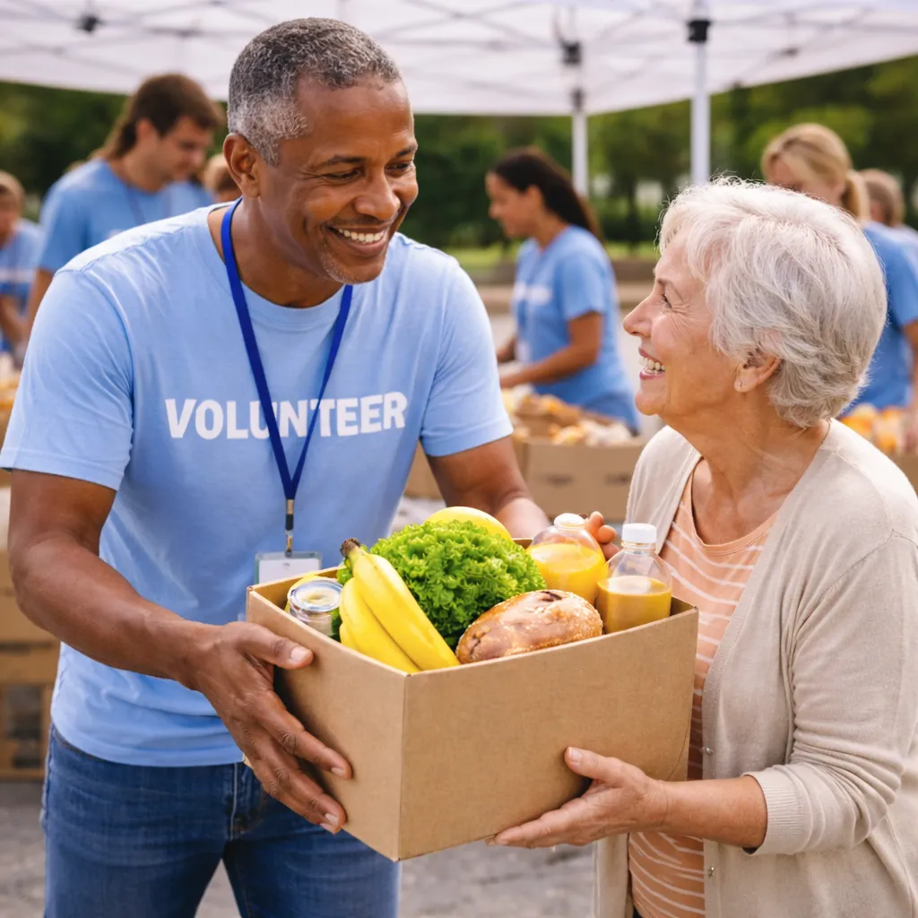 Volunteer handing a box of groceries to a senior during a community food assistance program