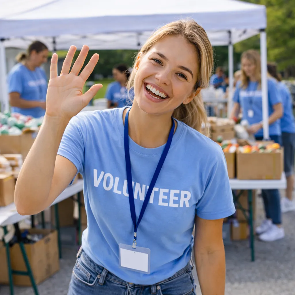 Smiling volunteer wearing a badge and waving while helping at a community outreach event