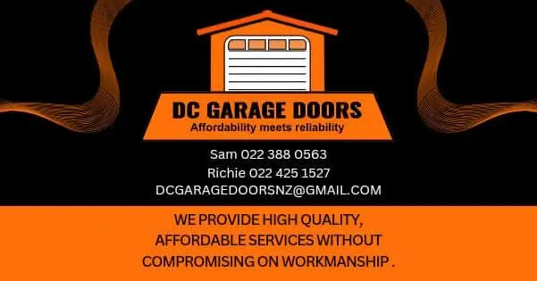 Promotional graphic for DC Garage Doors featuring the business logo, contact numbers for Sam and Richie, email address, and the tagline "We provide high quality, affordable services without compromising on workmanship" on a black and orange background.