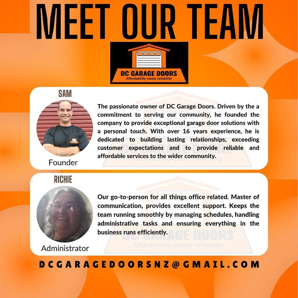 Team introduction graphic for DC Garage Doors featuring profiles of Sam (Founder) and Richie (Administrator). Sam is described as a dedicated owner with over 16 years of experience in garage door services. Richie is highlighted as the go-to person for office operations and communication. The image includes the company logo and email address on an orange and black background.