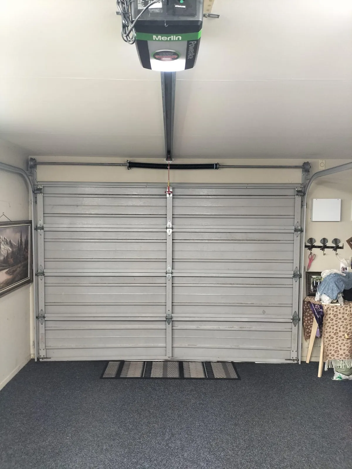 Interior of a single garage with a roller-style garage door and automated opener, carpeted floor, and home decor in the background.