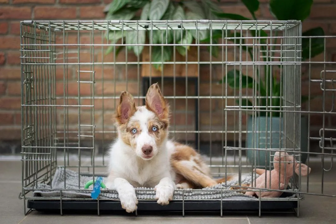 Border collie puppy settled lying down in crate