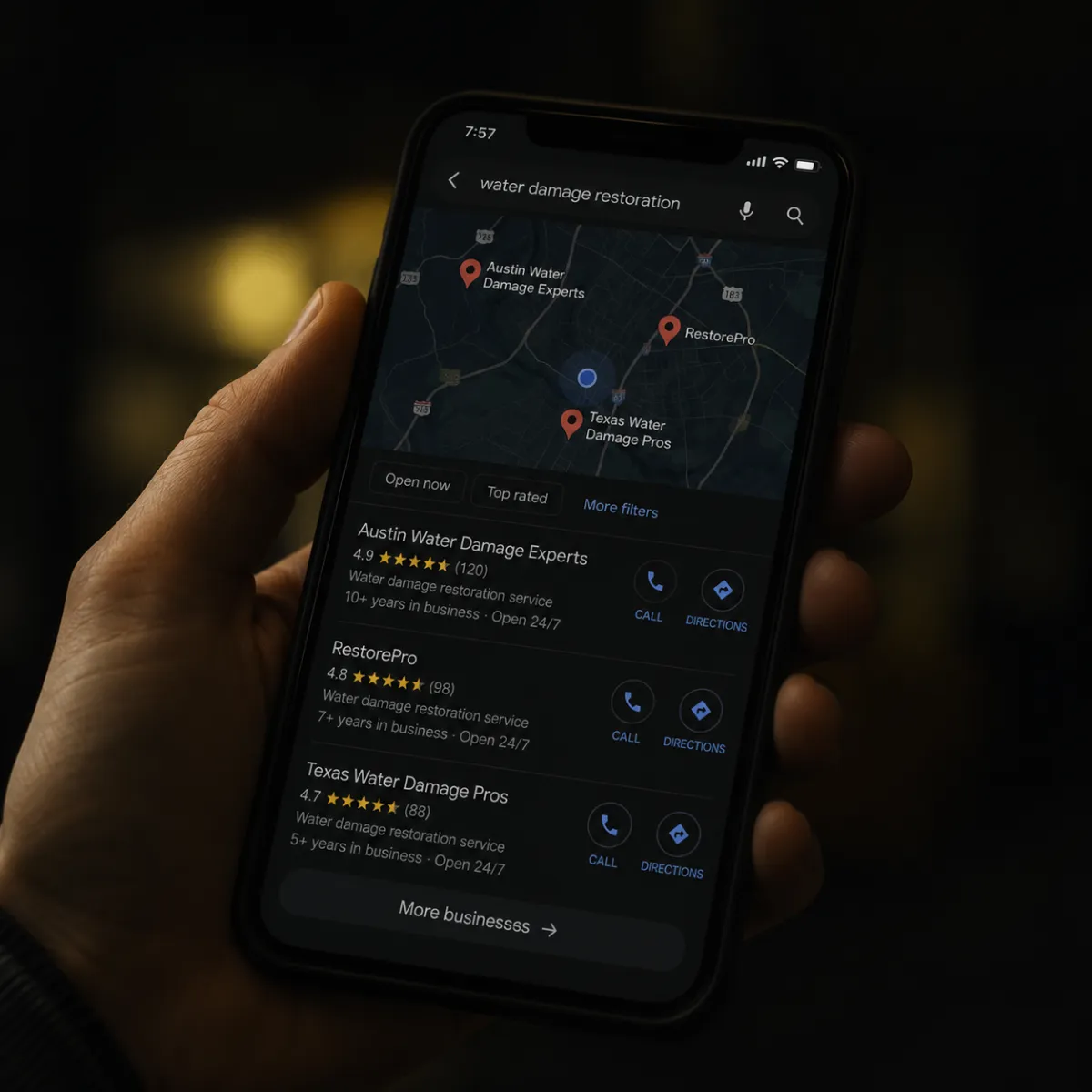 Local SEO for restoration companies showing Google map pack rankings on a phone