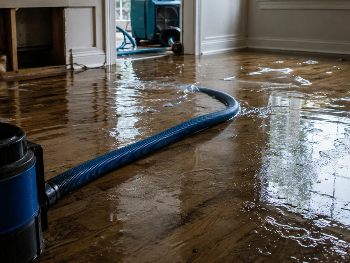 Water damage restoration technician extracting standing water from a flooded home interior