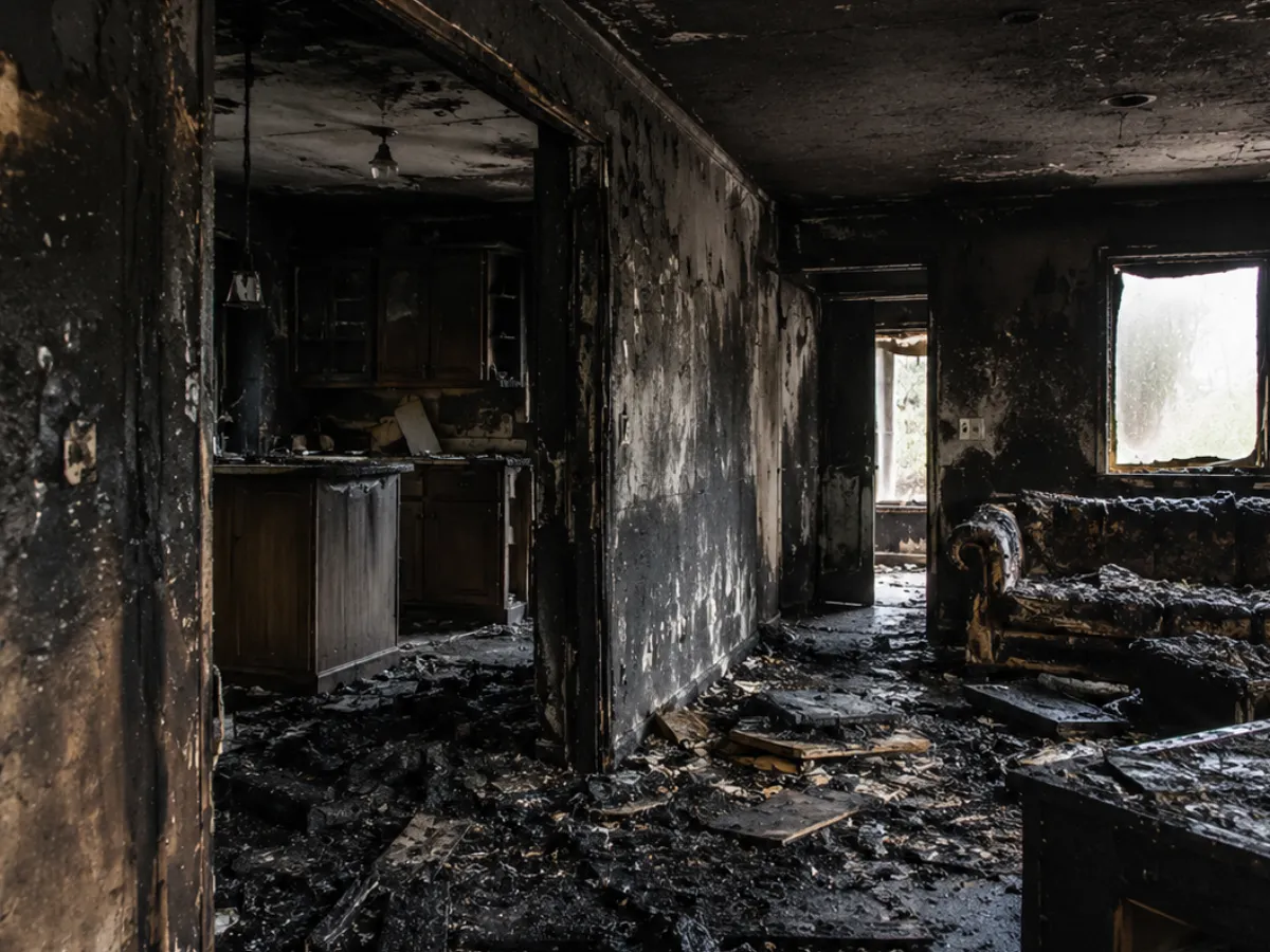 Fire damage restoration interior with charred walls and soot covered surfaces after a house fire