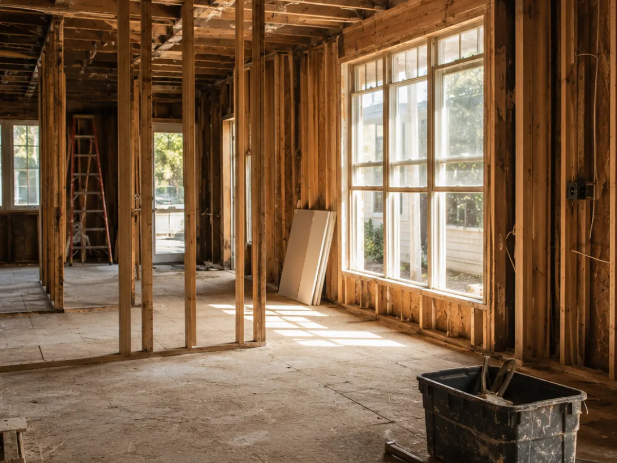 Building restoration and reconstruction showing exposed framing during a home rebuild project