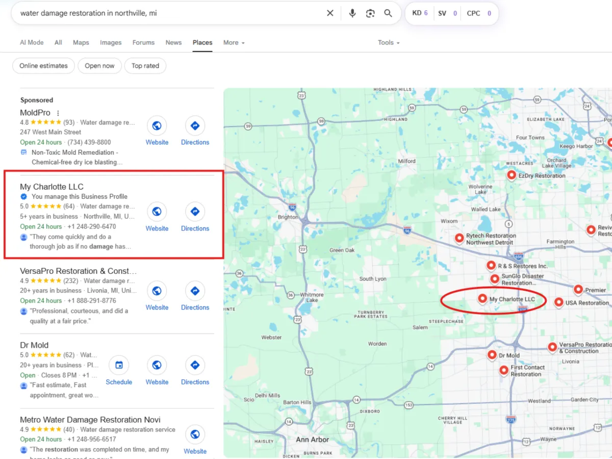 My Charlotte LLC ranking in the Google map pack for water damage restoration in Northville Michigan